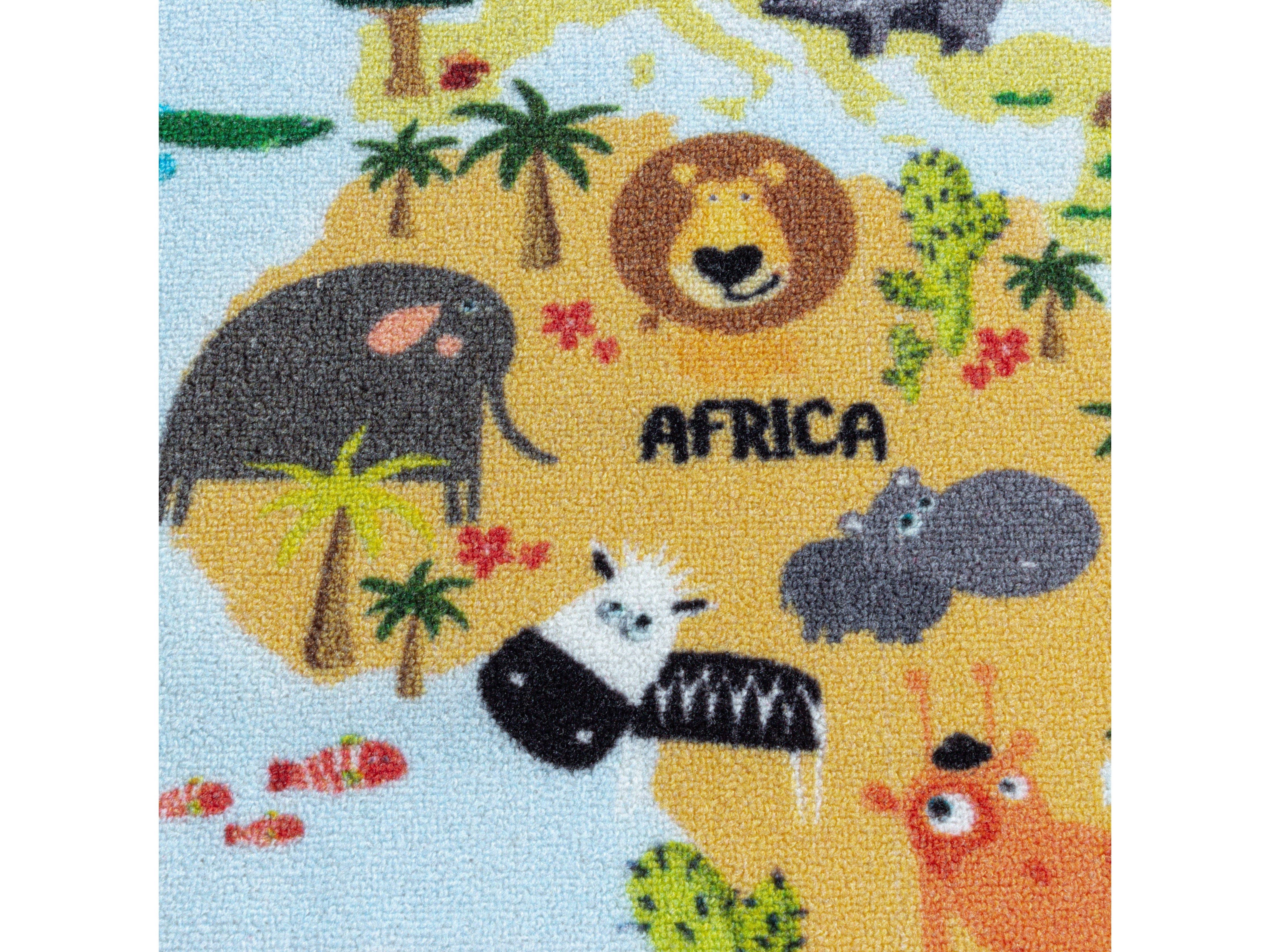 Kurzflor Teppich Kinderteppich Kinderzimmer Spielteppich Weltkarte Tiere Weiss