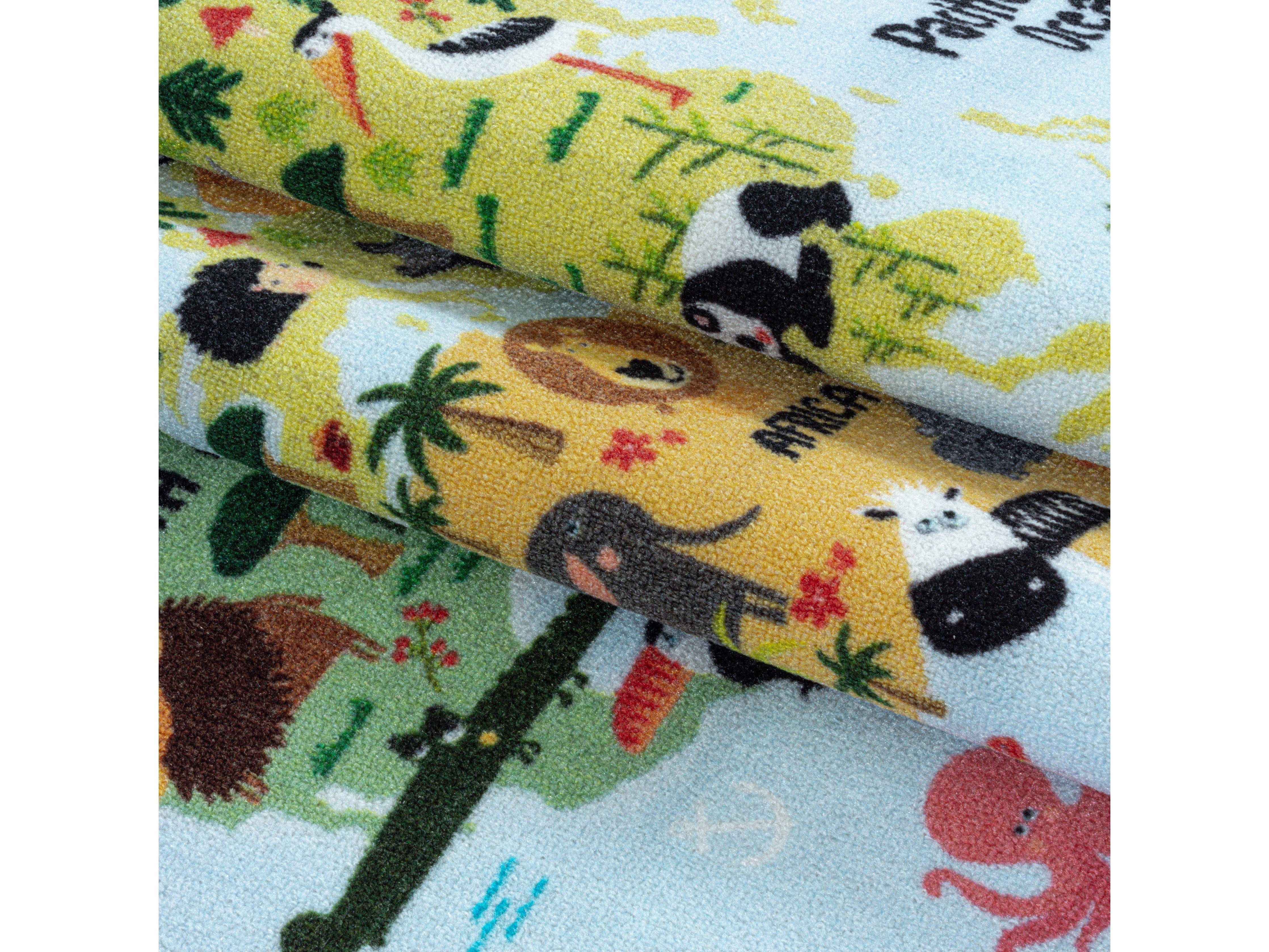 Kurzflor Teppich Kinderteppich Kinderzimmer Spielteppich Weltkarte Tiere Weiss