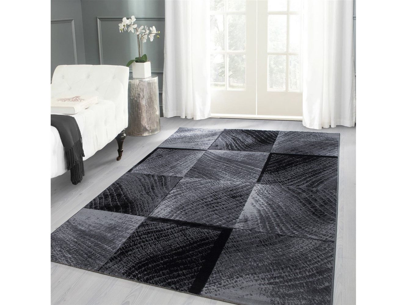Moderner Designer Wohnzimmer Teppich Karo Muster Schwarz Grau Meliert