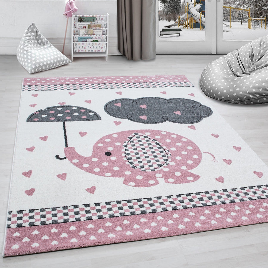 Çocuk halısı çocuk odası halısı fil kalp yağmur gri-beyaz-pembe