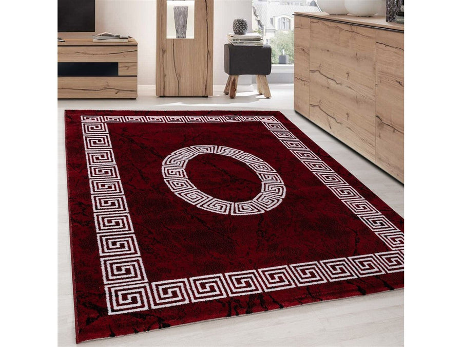 Teppich Modern Designer Bordüre Ornament Marmor Optik Schwarz Rot Weiß