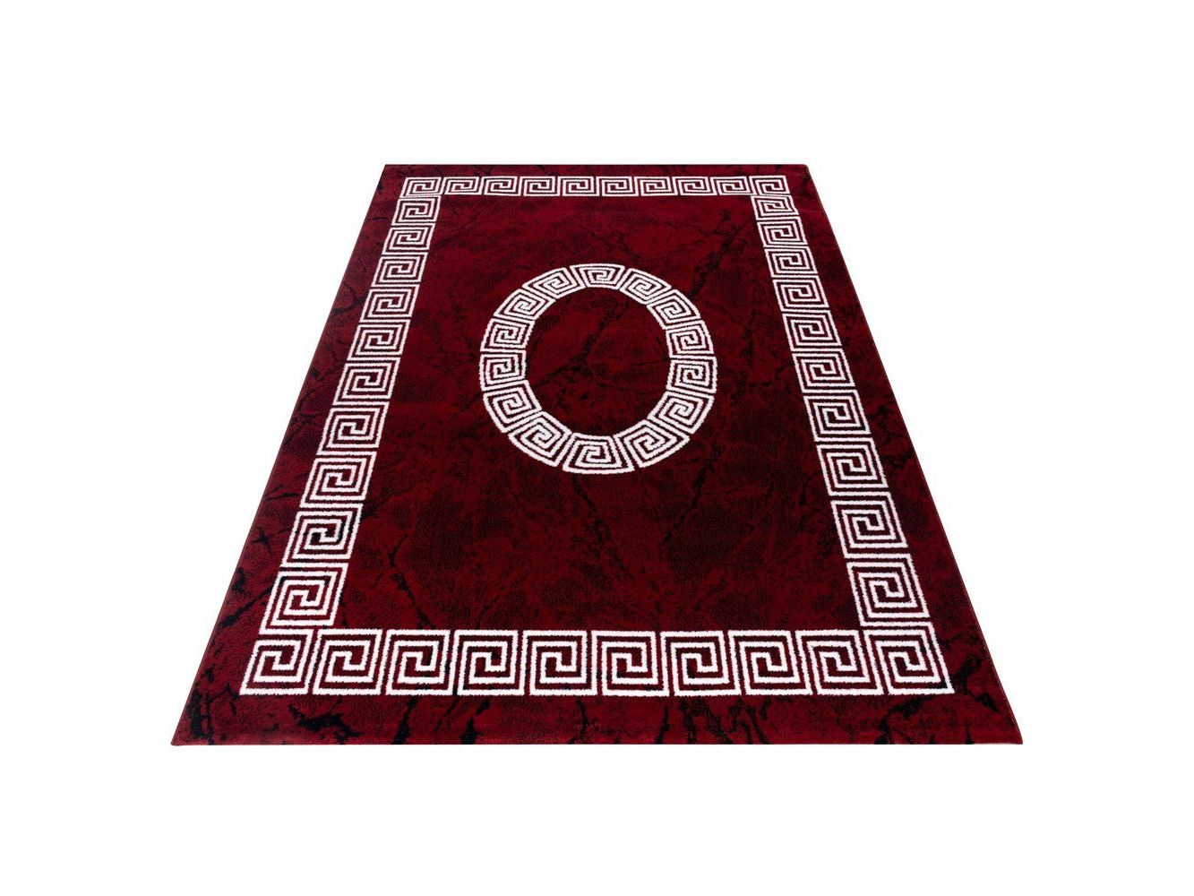Teppich Modern Designer Bordüre Ornament Marmor Optik Schwarz Rot Weiß