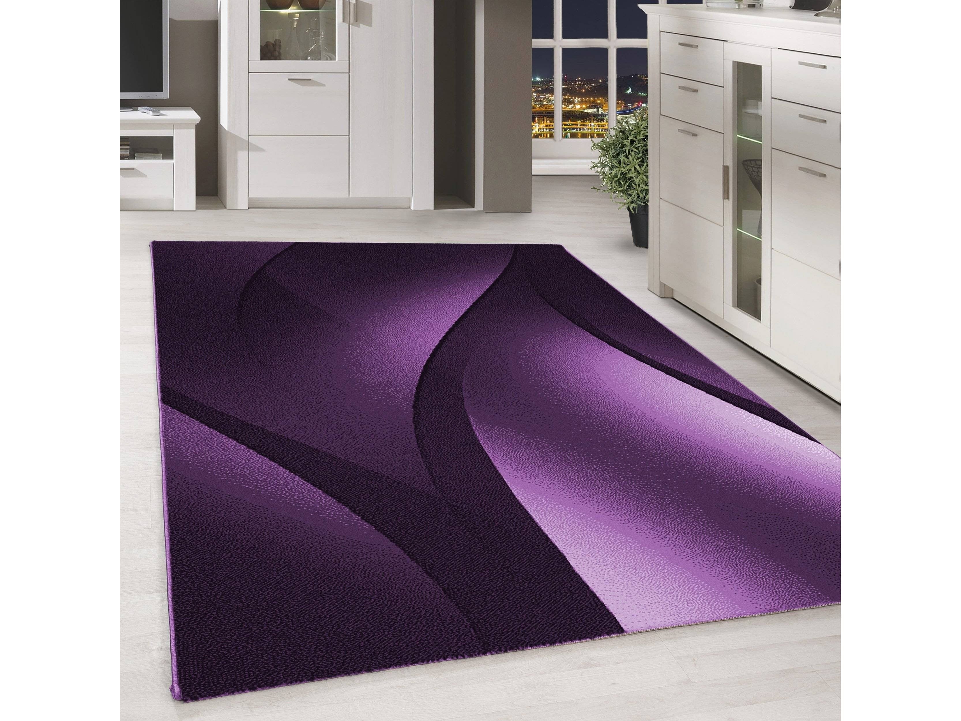 Designer Teppich Modern Kurzflor Abstrakt Wellen Optik Schwarz Lila Weiß