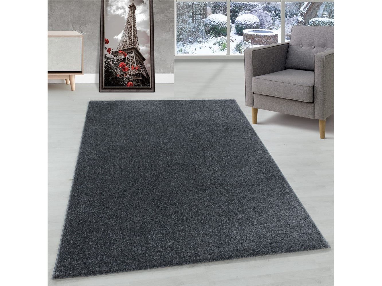 Wohnzimmerteppich Kurzflor Design Teppich Unifarben Weicher Flor Einfarbig Grau