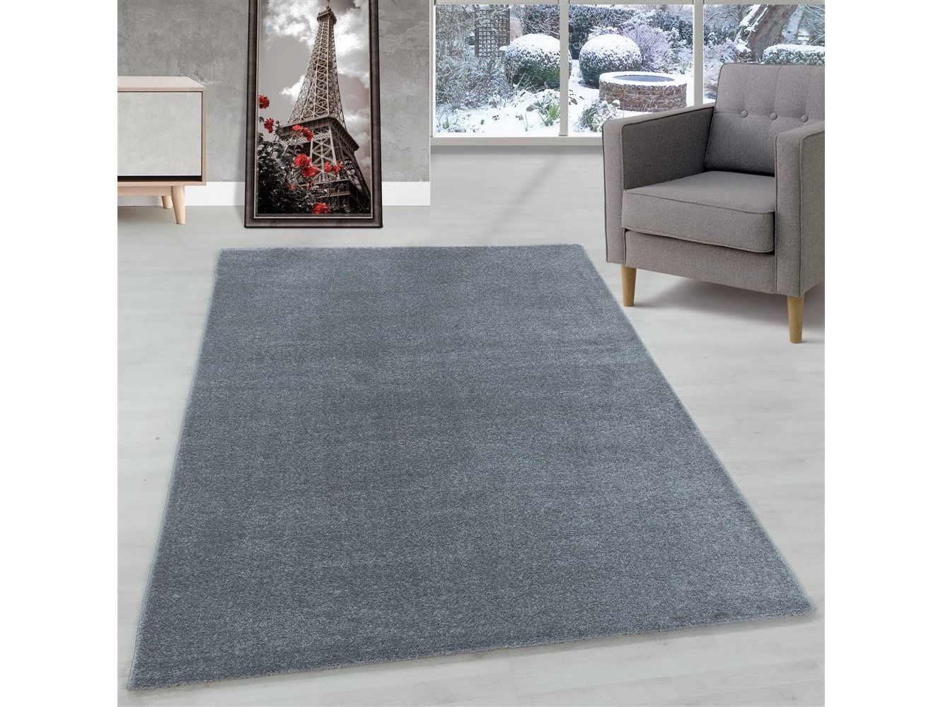 Wohnzimmerteppich Kurzflor Design Teppich Unifarben Einfarbig Silber