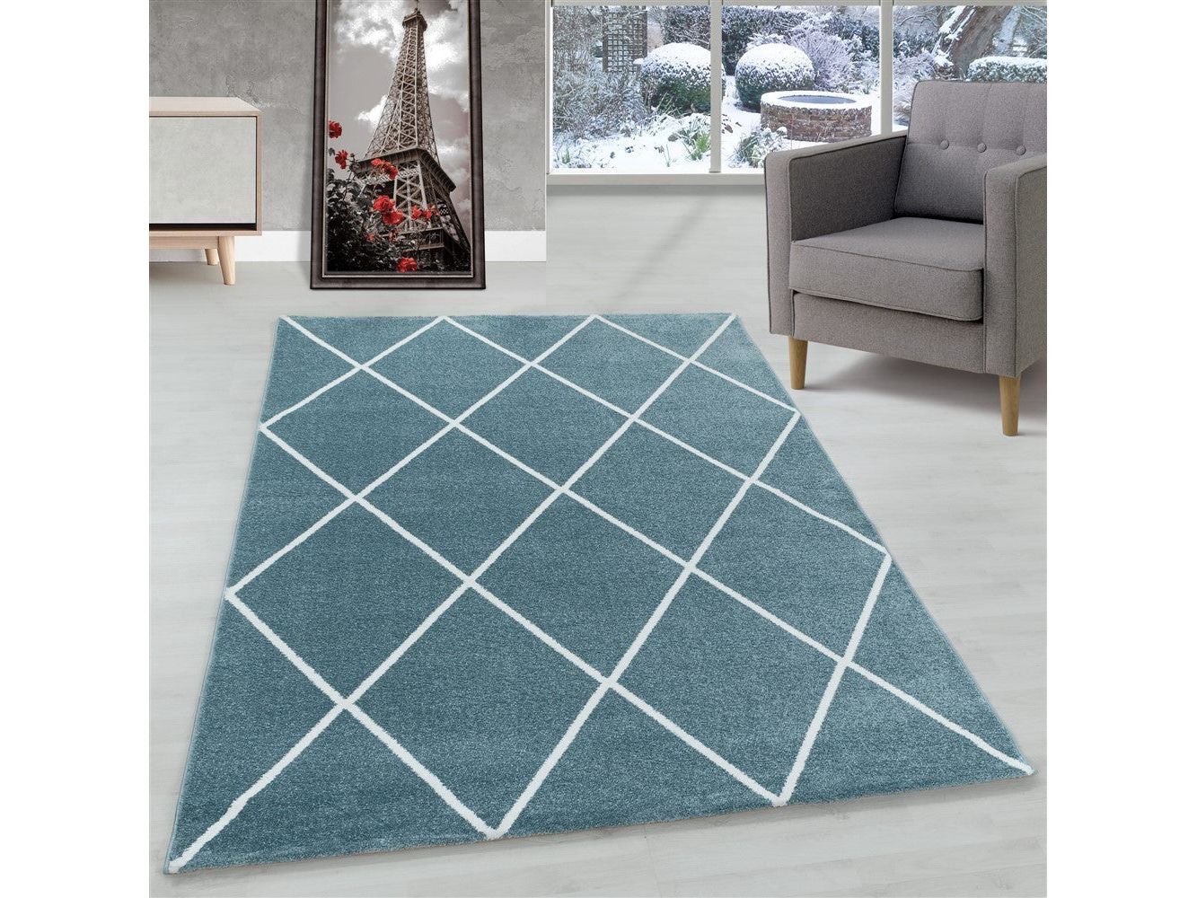 Wohnzimmerteppich Kurzflor Teppich Design Raute Linien Unifarben Blau