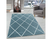 Wohnzimmerteppich Kurzflor Teppich Design Raute Linien Unifarben Blau