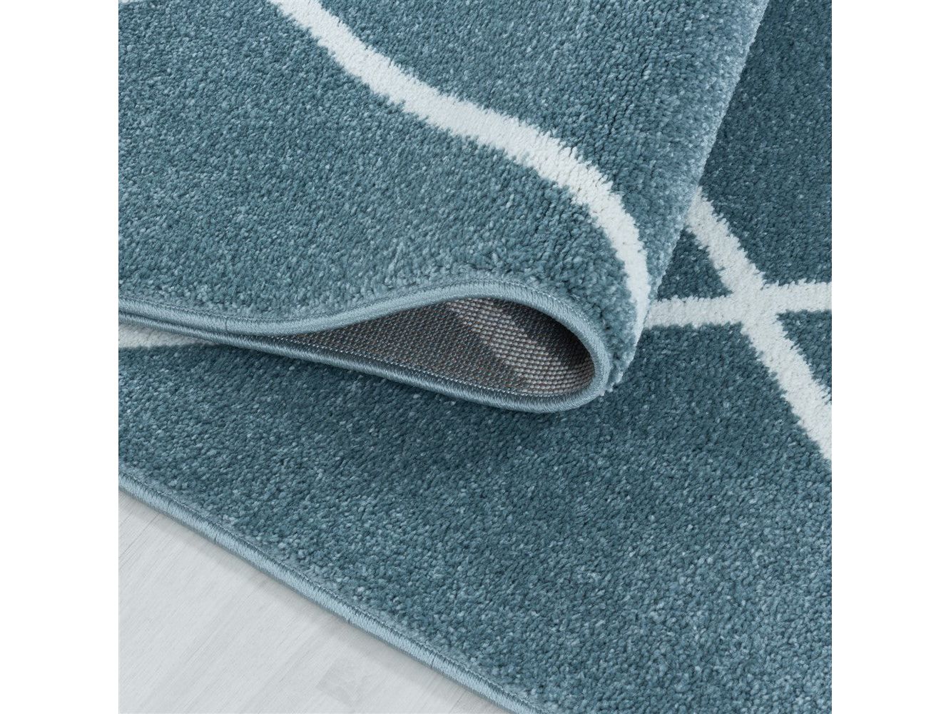 Wohnzimmerteppich Kurzflor Teppich Design Raute Linien Unifarben Blau