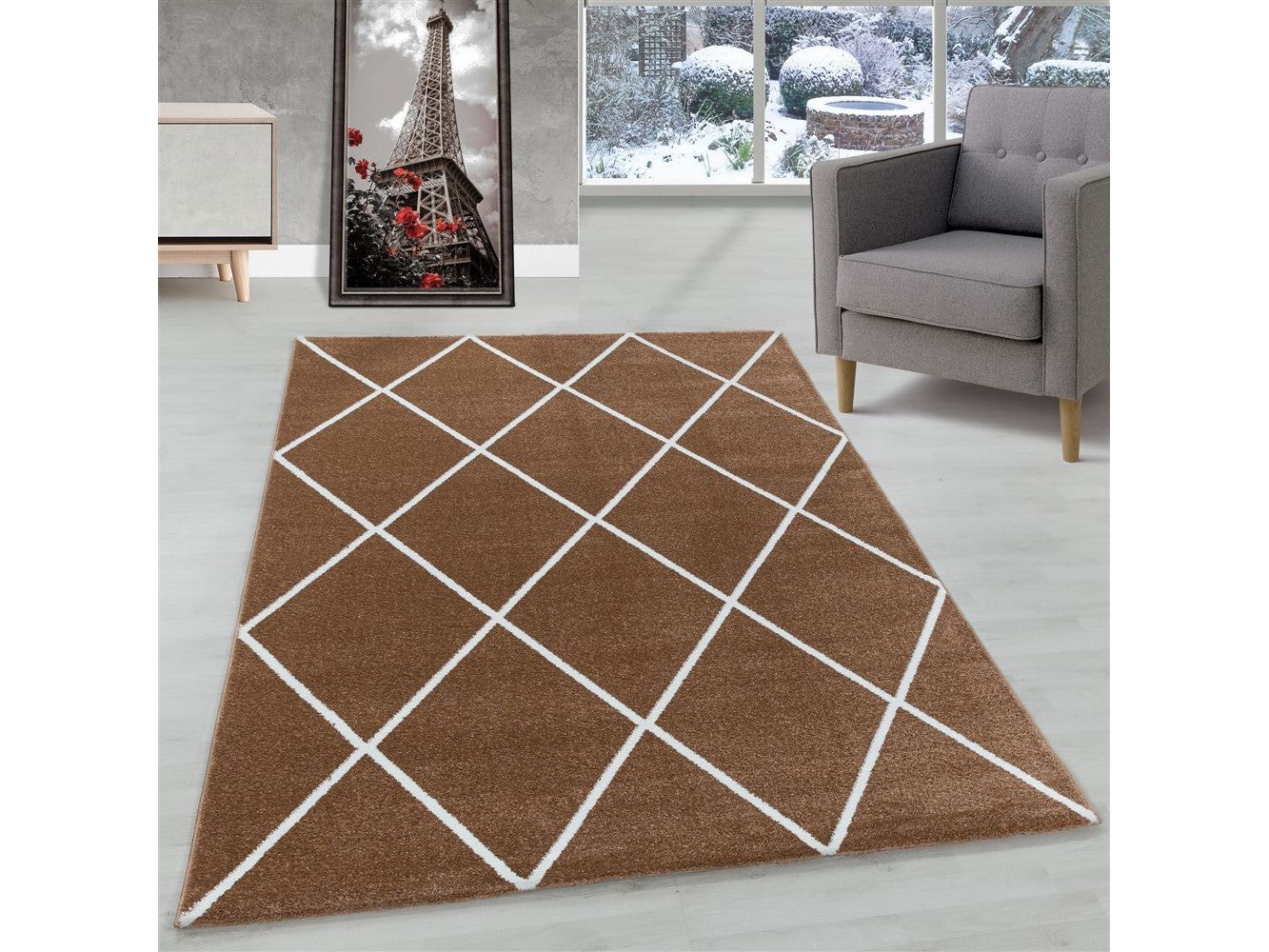 Wohnzimmerteppich Kurzflor Teppich Design Raute Modern Linien Unifarben Terra