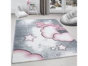 Kinderteppich Kinderzimmer Teppich Bär Wolken Stern-Angeln Grau-Weiß-Pink
