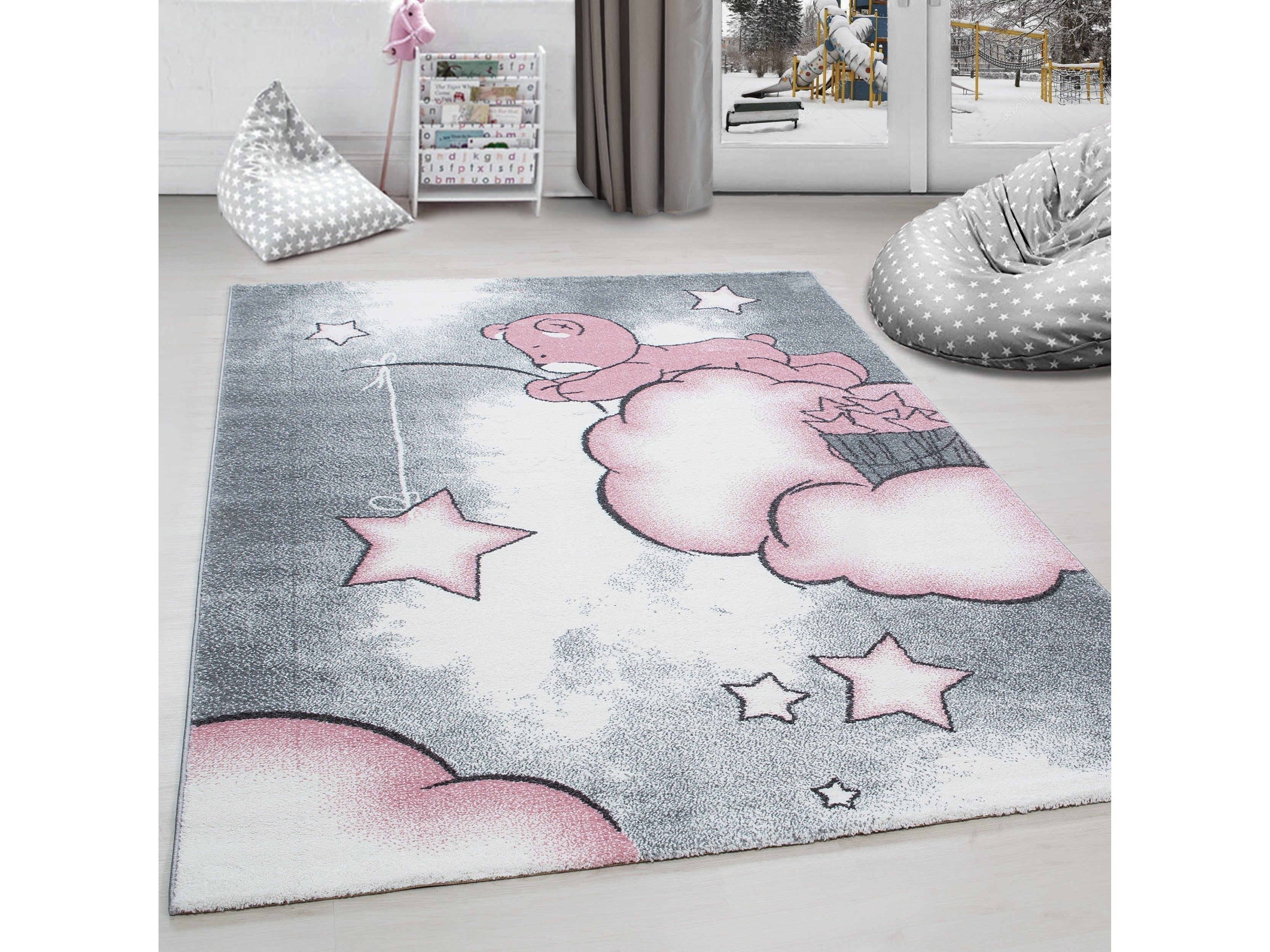 Kinderteppich Kinderzimmer Teppich Bär Wolken Stern-Angeln Grau-Weiß-Pink