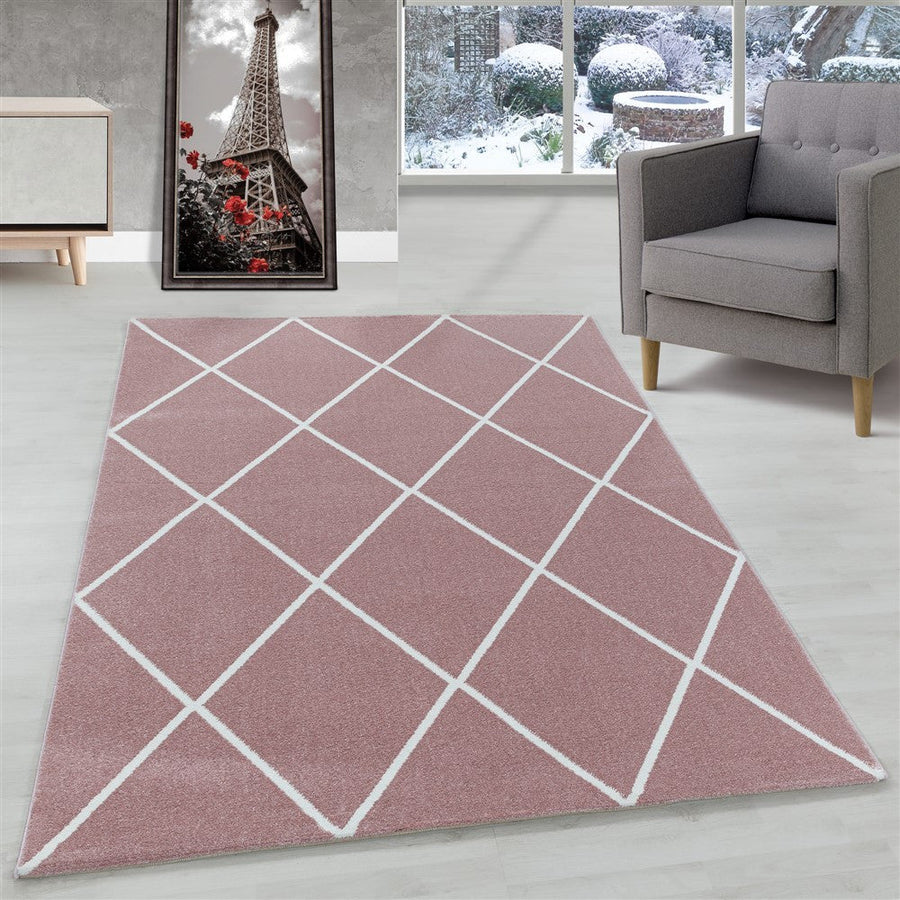 Oturma odası halısı, kısa tüylü, kilim, tasarım, modern, eşkenar dörtgen, düz renkler, pembe