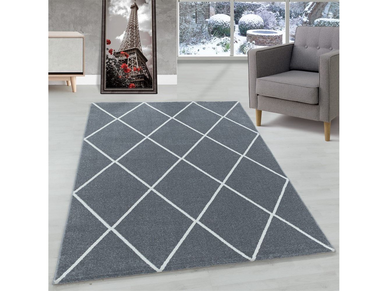 Wohnzimmerteppich Kurzflor Teppich Design Raute Modern Linien Unifarben Silber