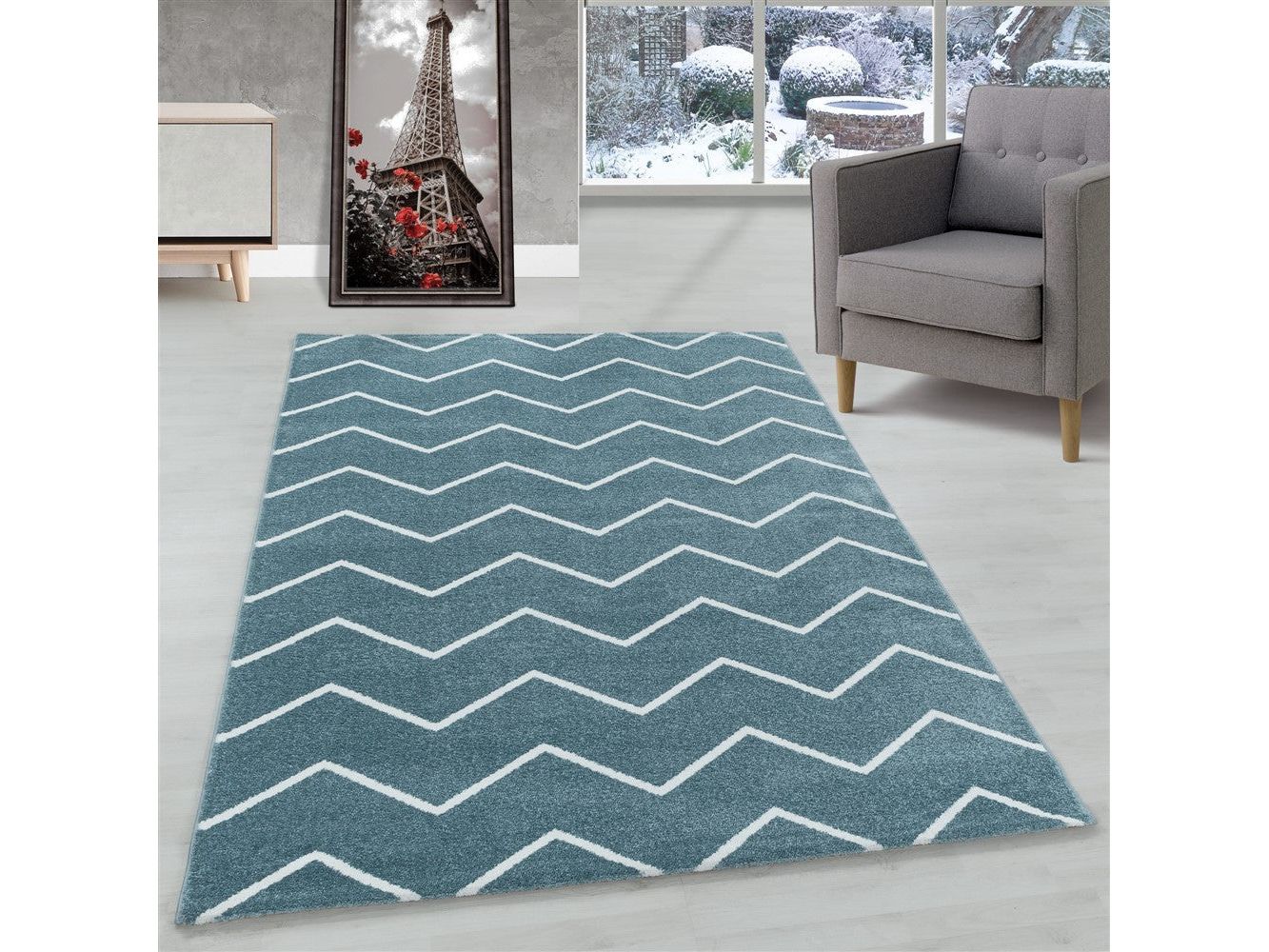 Wohnzimmerteppich Kurzflor Teppich Wellen Linien Design Kinderteppich Blau