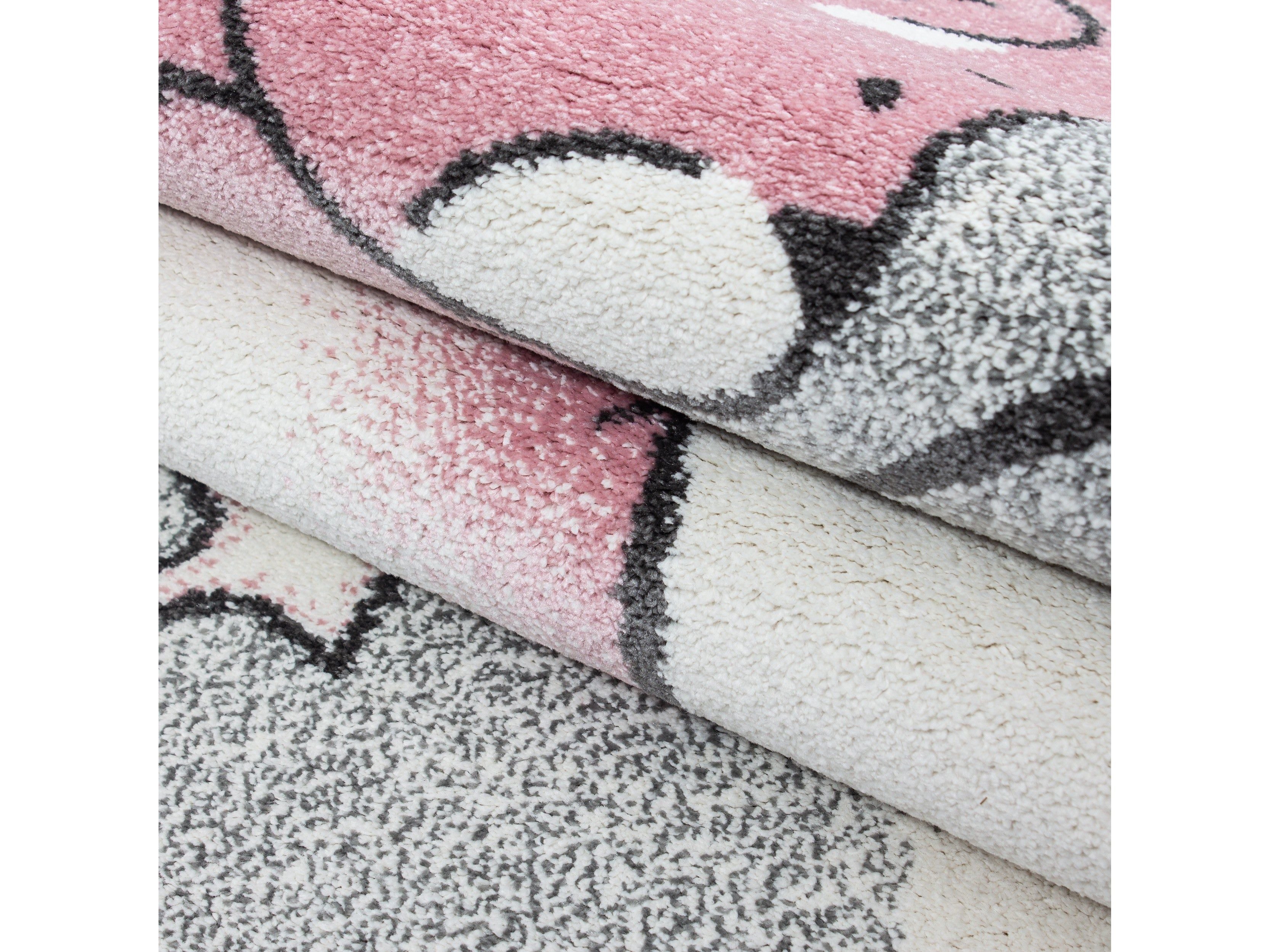 Kinderteppich Kinderzimmer Teppich Bär Wolken Stern-Angeln Grau-Weiß-Pink