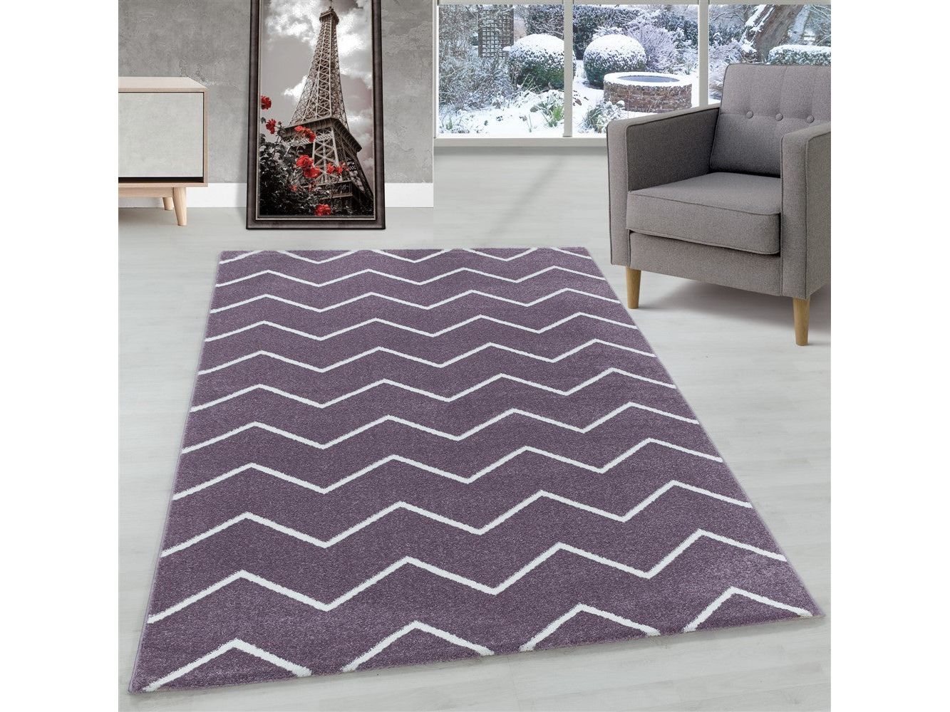 Wohnzimmerteppich Kurzflor Teppich Wellen Linien Design Kinderteppich Lila