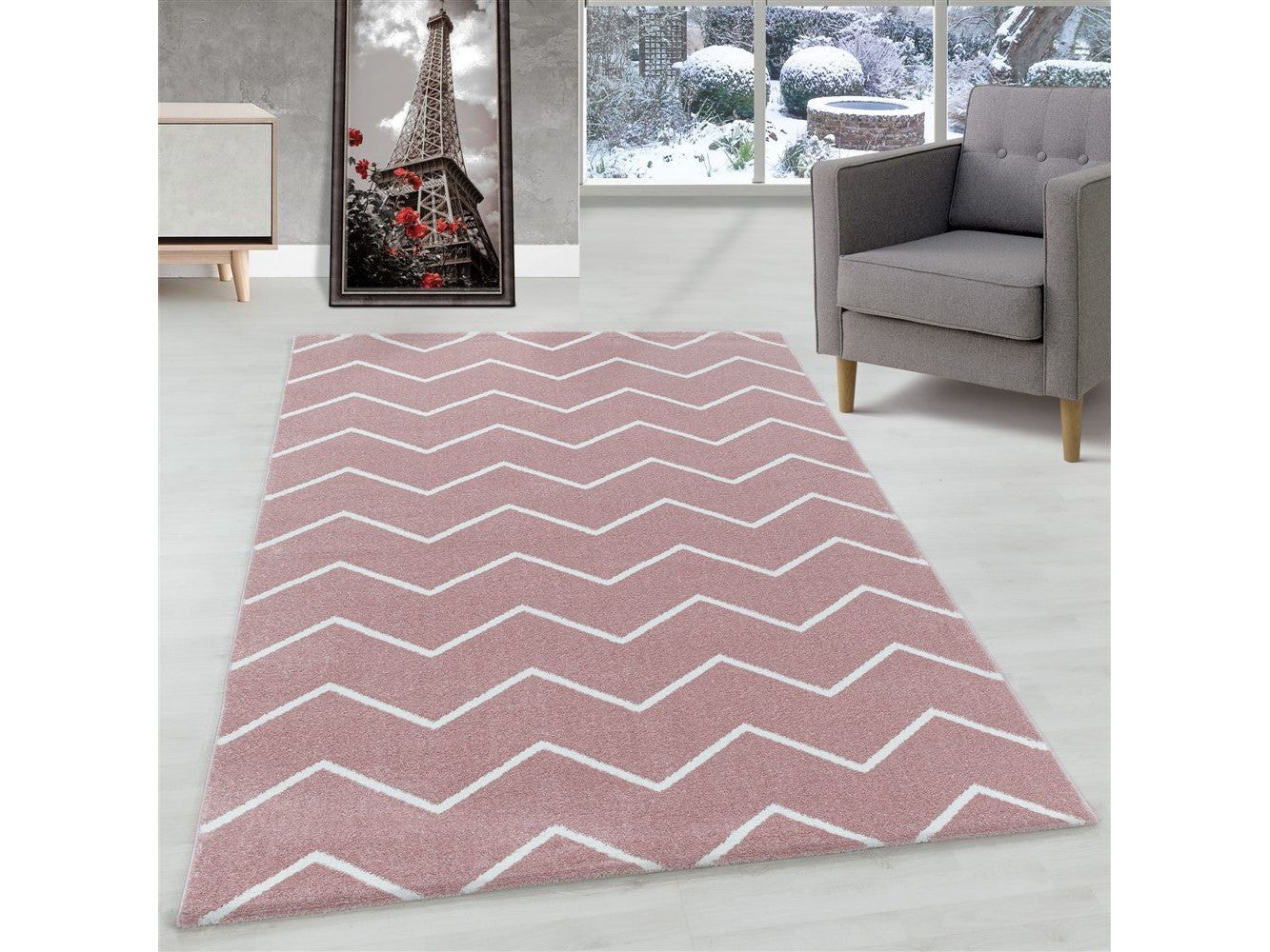 Wohnzimmerteppich Kurzflor Teppich Wellen Linien Design Kinderteppich Rosa