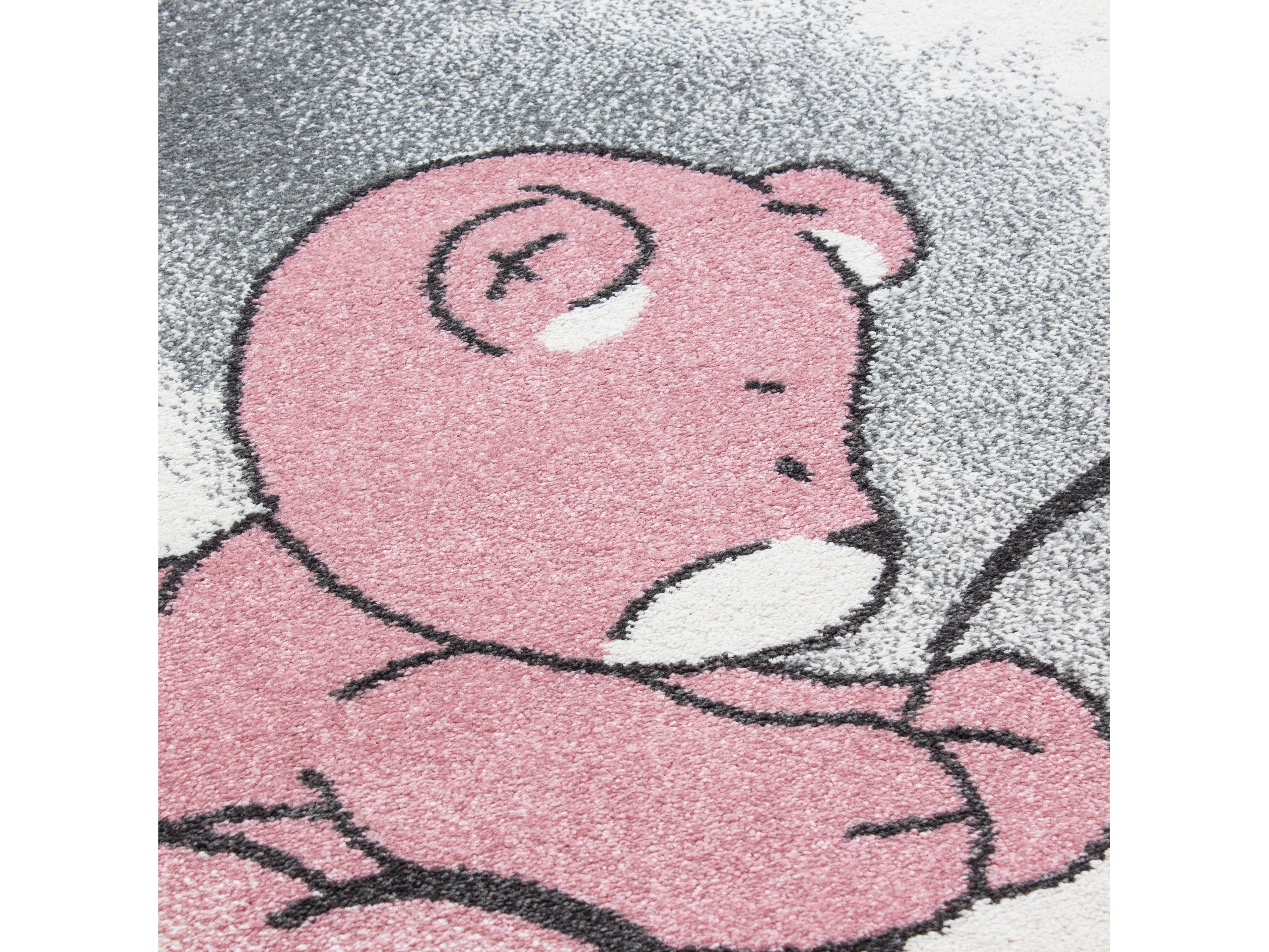Kinderteppich Kinderzimmer Teppich Bär Wolken Stern-Angeln Grau-Weiß-Pink