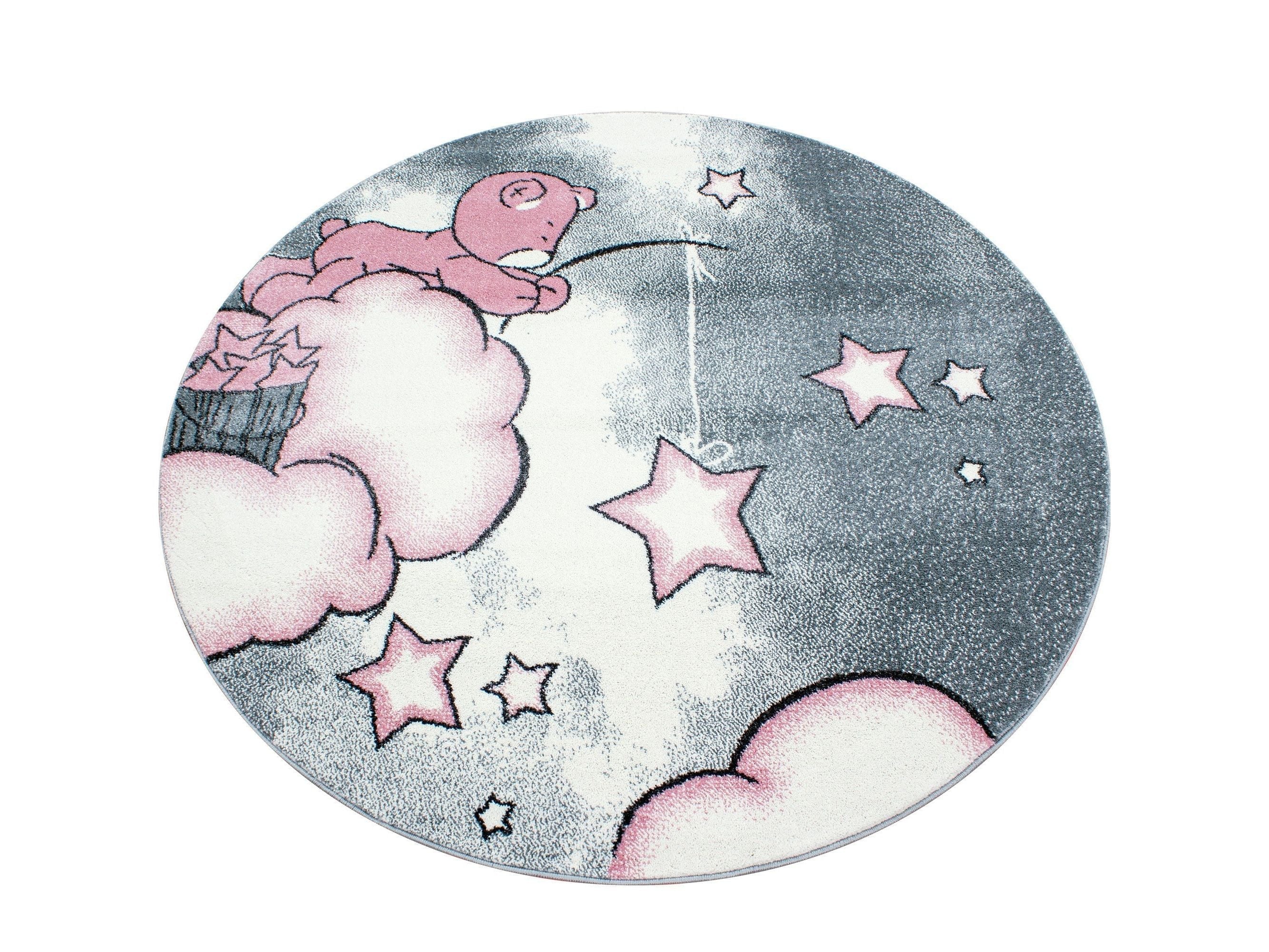 Kinderteppich Kinderzimmer Teppich Bär Wolken Stern-Angeln Grau-Weiß-Pink