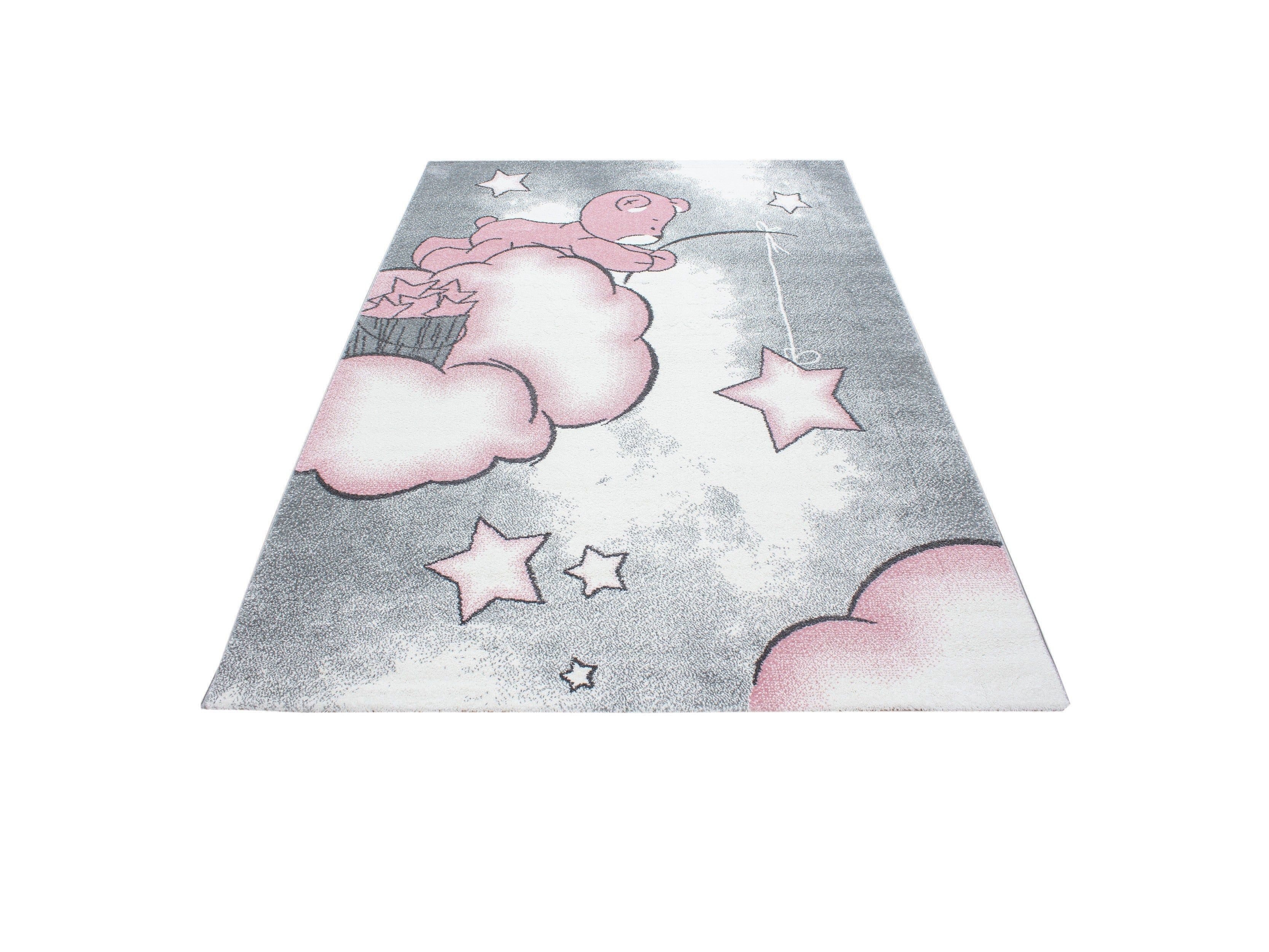 Kinderteppich Kinderzimmer Teppich Bär Wolken Stern-Angeln Grau-Weiß-Pink