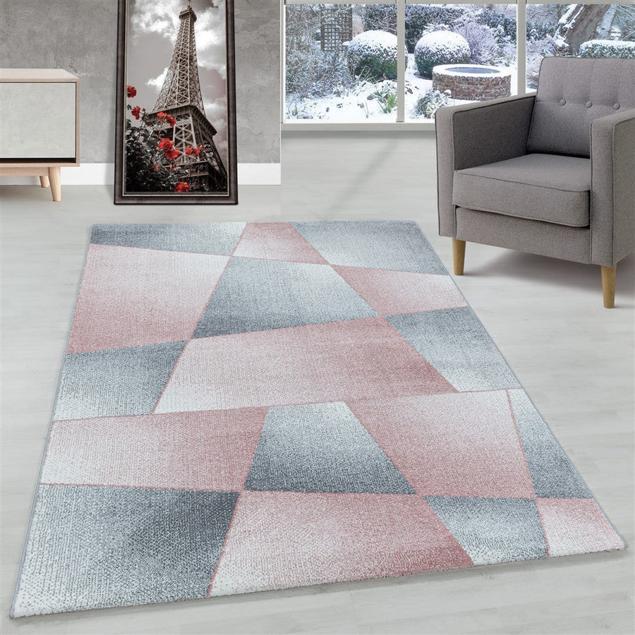Oturma odası halısı kısa tüylü halı tasarımı soyut geometrik pembe
