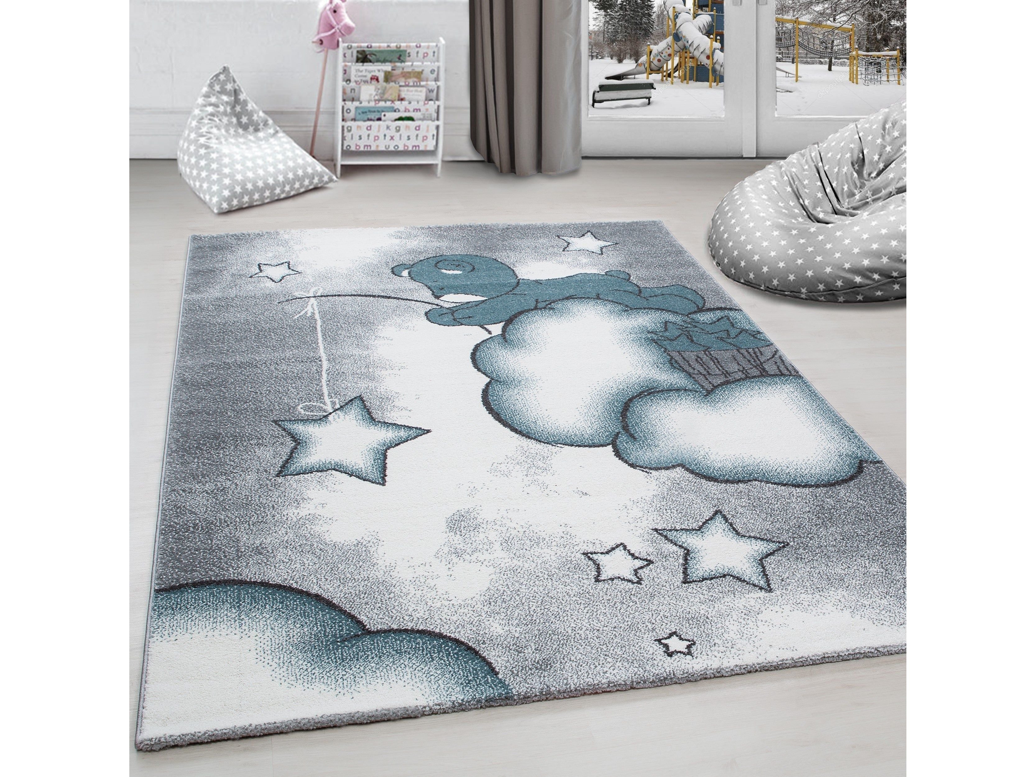 Kinderteppich Kinderzimmer Teppich Bär Wolken Stern-Angeln Grau-Weiß-Blau