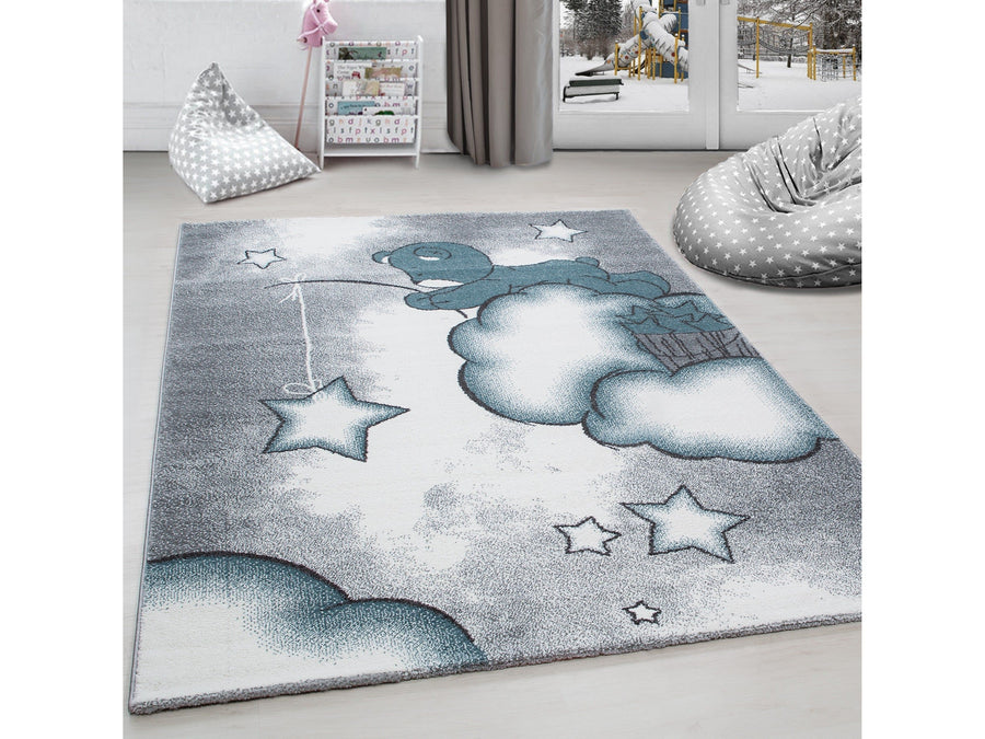 Kinderteppich Kinderzimmer Teppich Bär Wolken Stern-Angeln Grau-Weiß-Blau