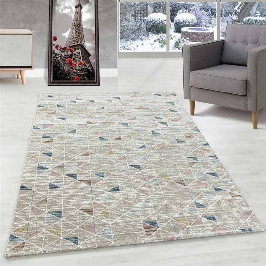 Modern kısa tüylü tasarımcı kilim Geometrik Üçgen tasarım Kahverengi Bej