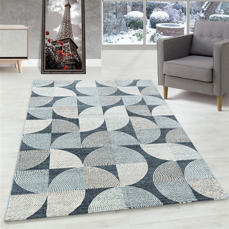 Modern kısa tüylü tasarımcı kilim Geometrik tasarım Mavi Gri