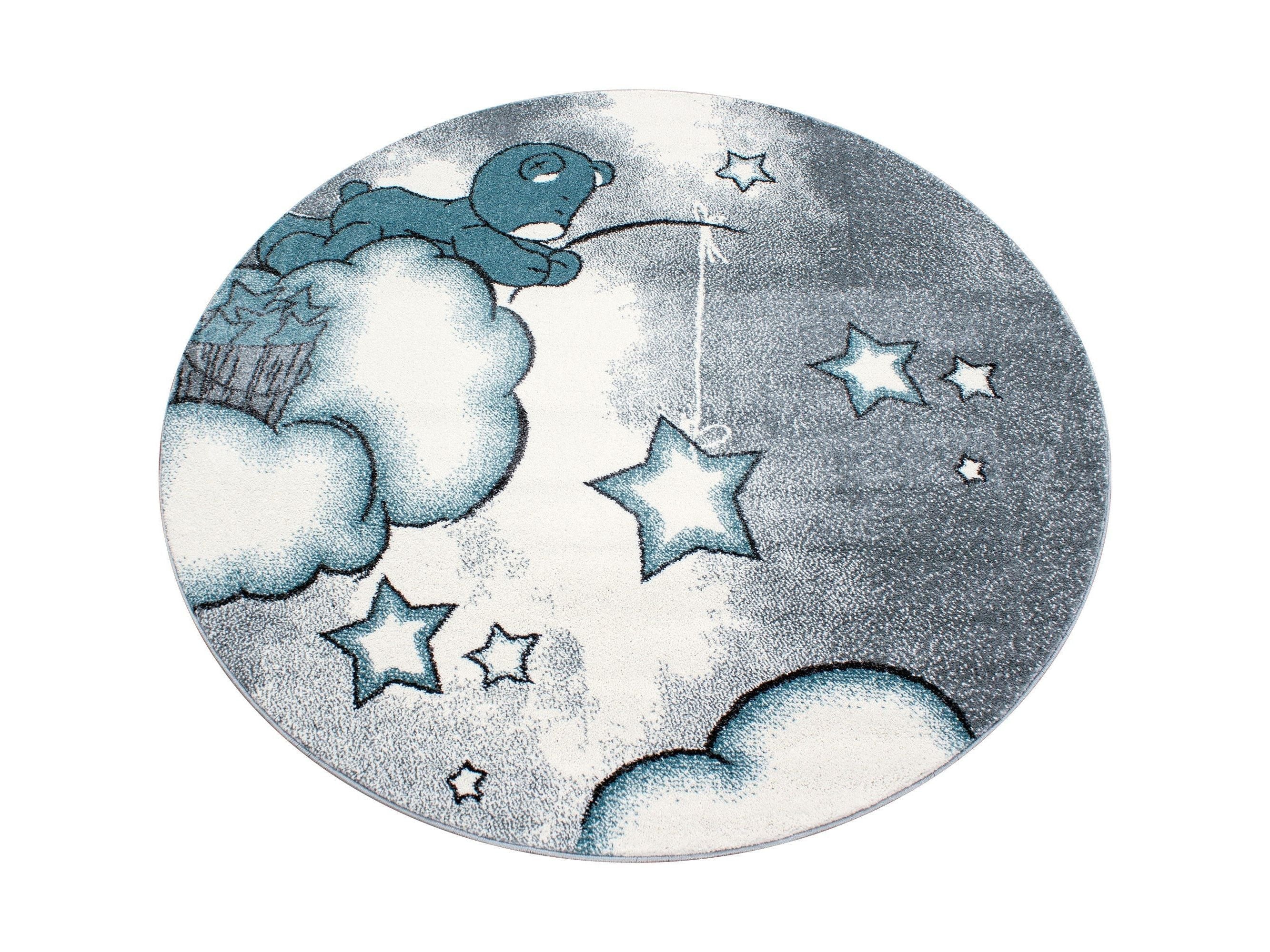 Kinderteppich Kinderzimmer Teppich Bär Wolken Stern-Angeln Grau-Weiß-Blau