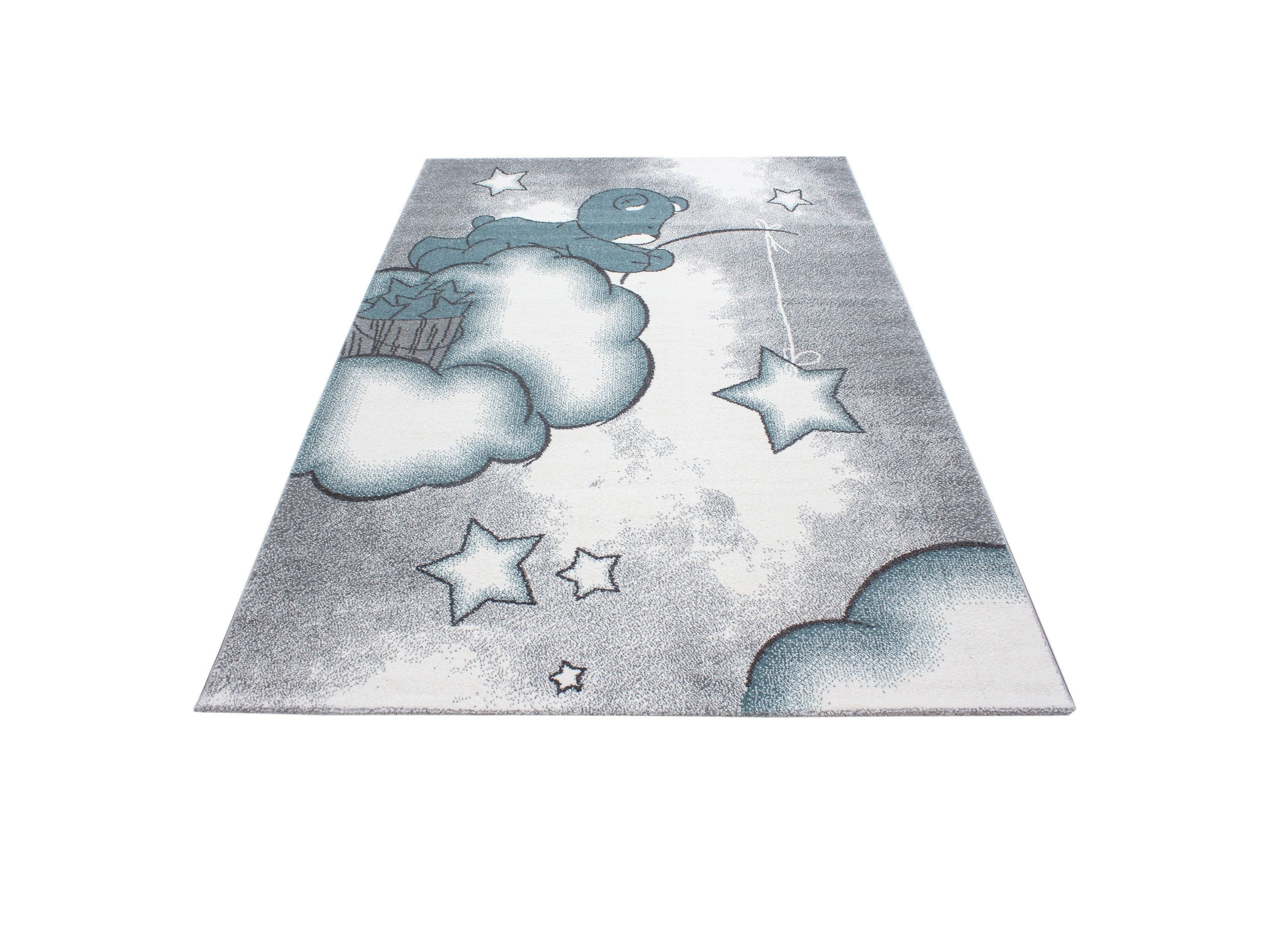 Kinderteppich Kinderzimmer Teppich Bär Wolken Stern-Angeln Grau-Weiß-Blau
