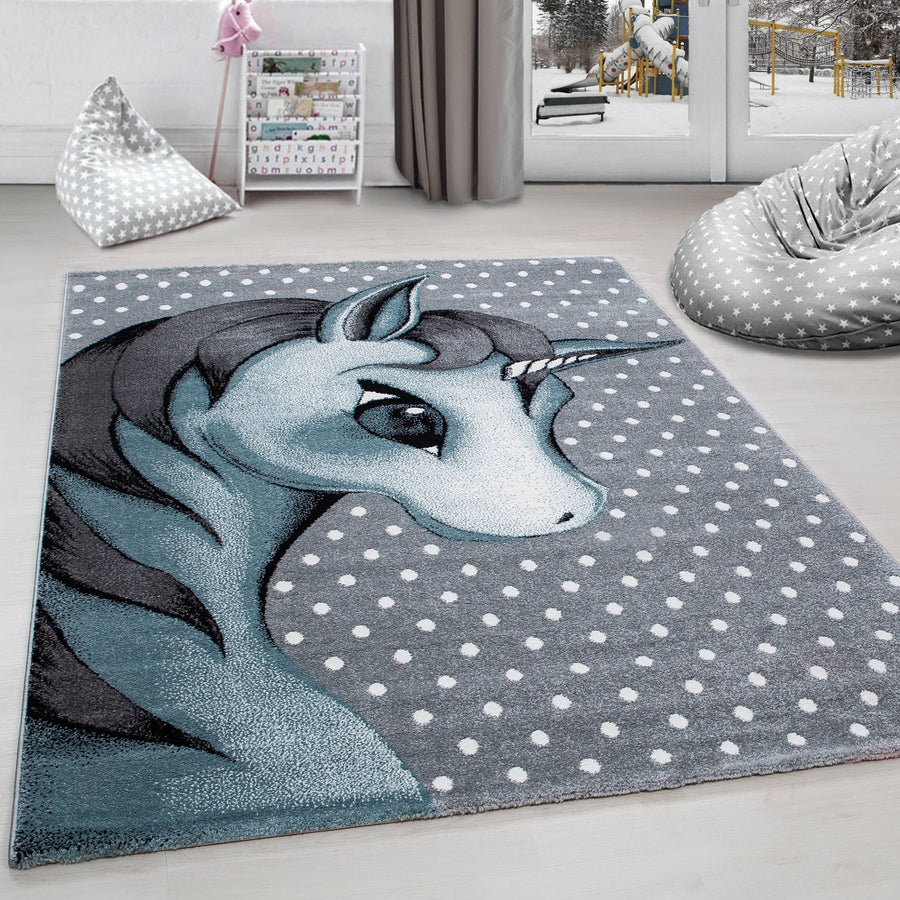 Çocuk halısı çocuk odası halısı unicorn desen gri-beyaz-mavi