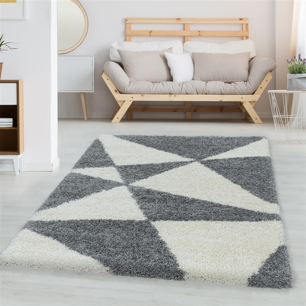 Wohnzimmerteppich Design Hochflor Teppich Muster Abstrakte Dreiecke Grau
