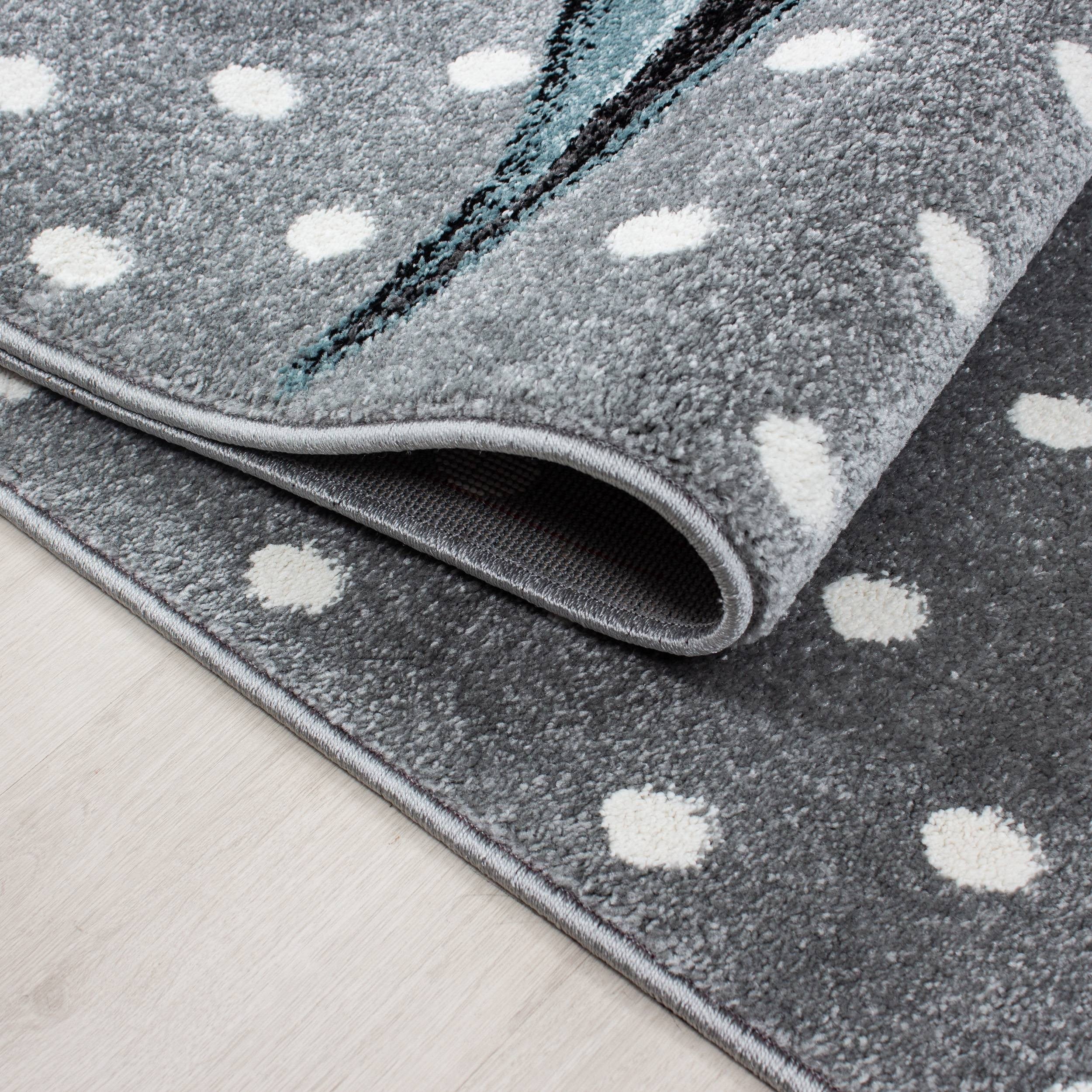 Kinderteppich Kinderzimmer Teppich Einhorn Muster Grau-Weiß-Blau