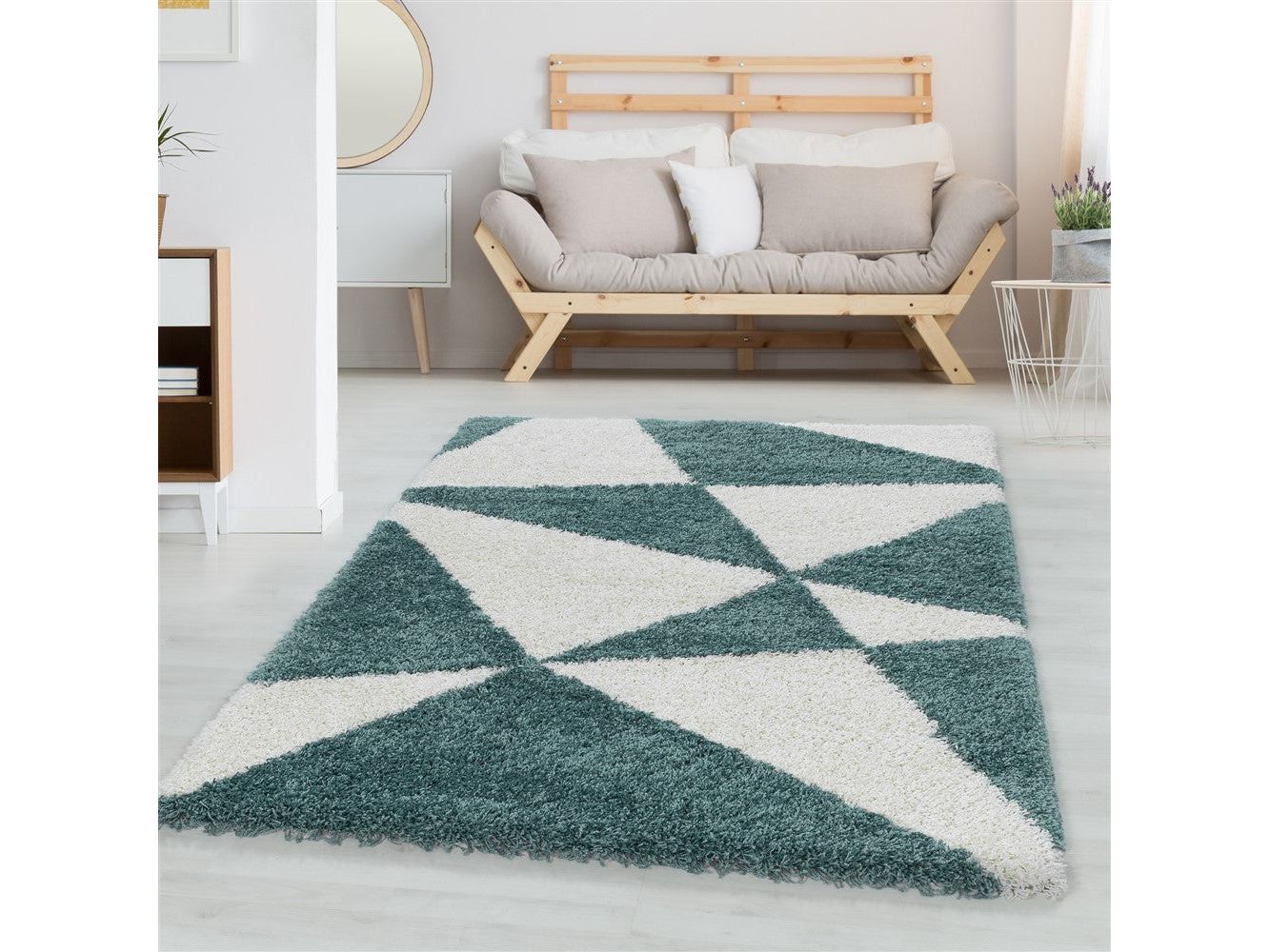 Wohnzimmerteppich Design Hochflor Teppich Muster Abstrakte Dreiecke Blau