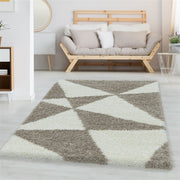 Wohnzimmerteppich Design Hochflor Teppich Muster Abstrakte Dreiecke Beige