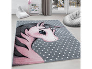 Kinderteppich Kinderzimmer Teppich Einhorn Muster Grau-Weiß-Pink