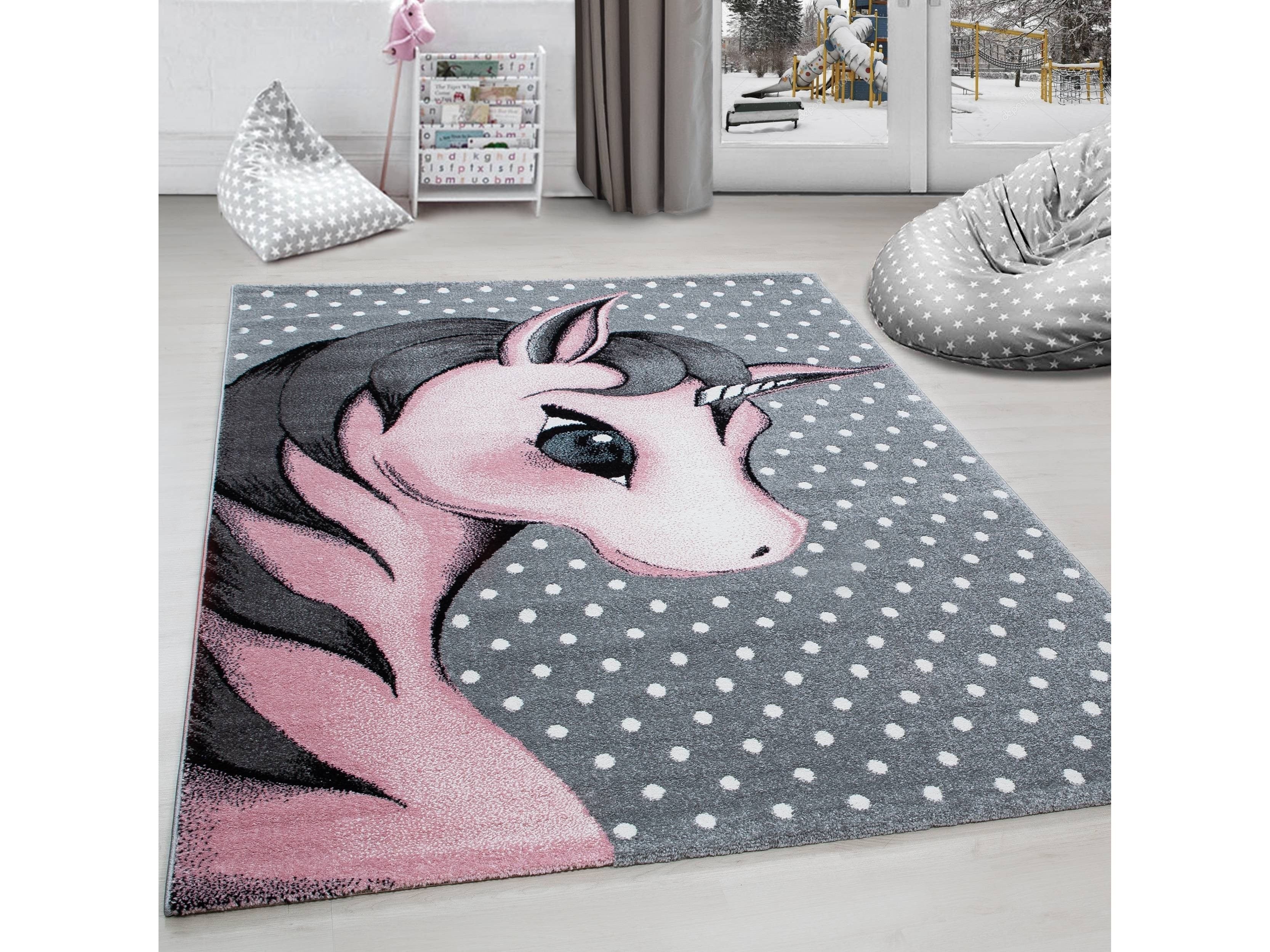 Kinderteppich Kinderzimmer Teppich Einhorn Muster Grau-Weiß-Pink