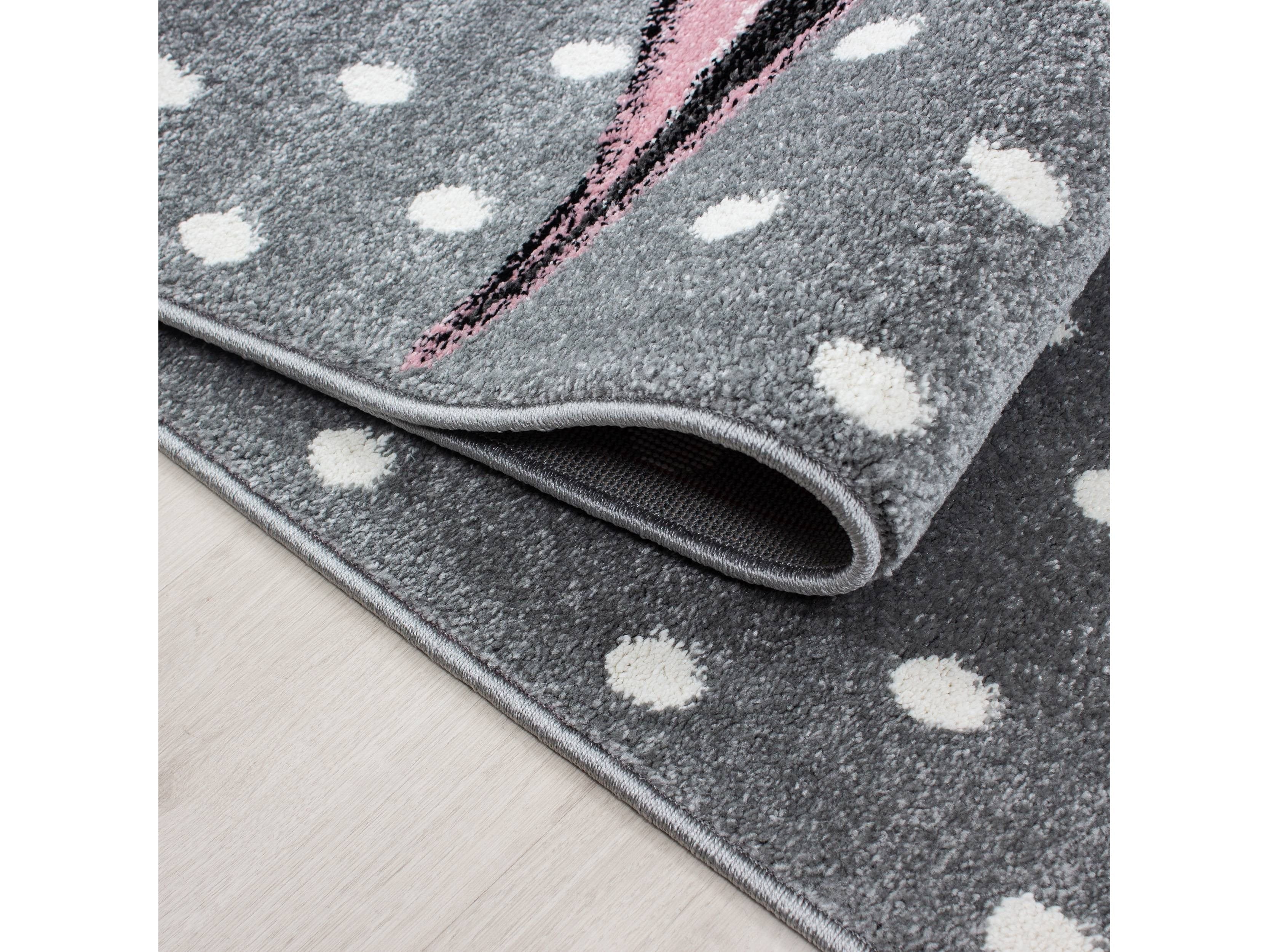 Kinderteppich Kinderzimmer Teppich Einhorn Muster Grau-Weiß-Pink