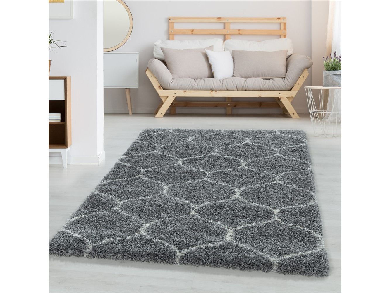 Living room rug design, high pile rug pattern, tile jacquard anthracite