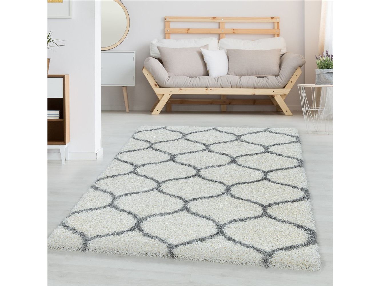Wohnzimmerteppich Design Hochflor Teppich Muster Kachel Tile Jacquard Creme