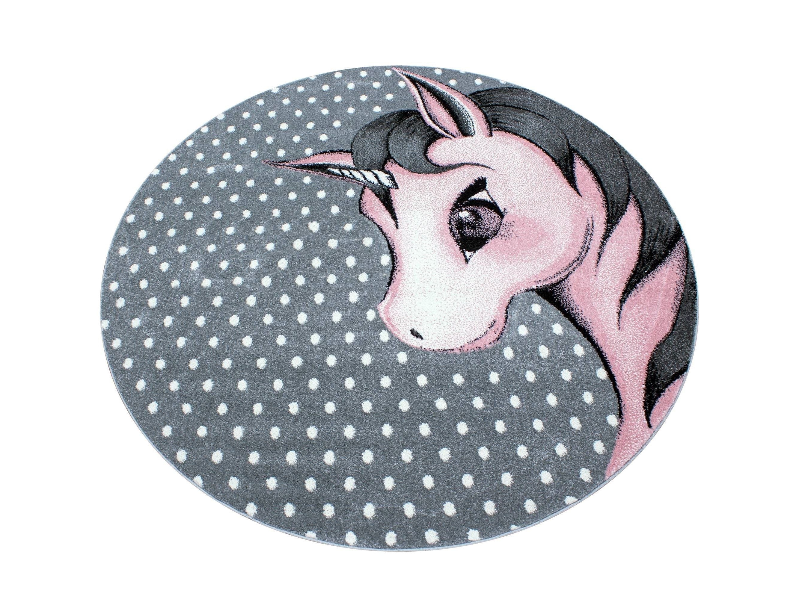 Kinderteppich Kinderzimmer Teppich Einhorn Muster Grau-Weiß-Pink