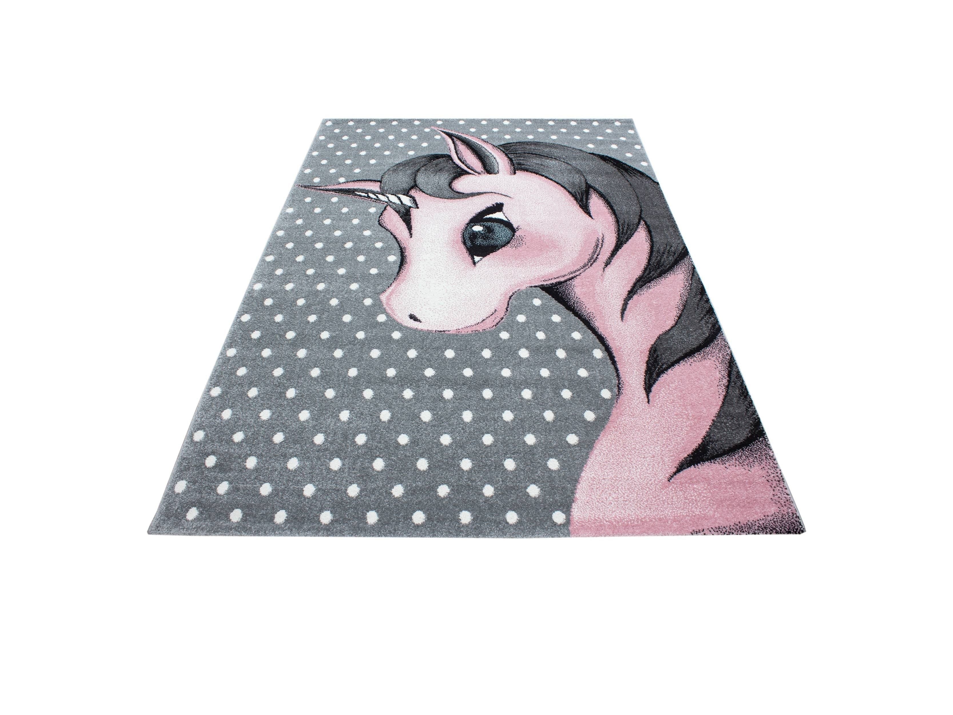 Kinderteppich Kinderzimmer Teppich Einhorn Muster Grau-Weiß-Pink
