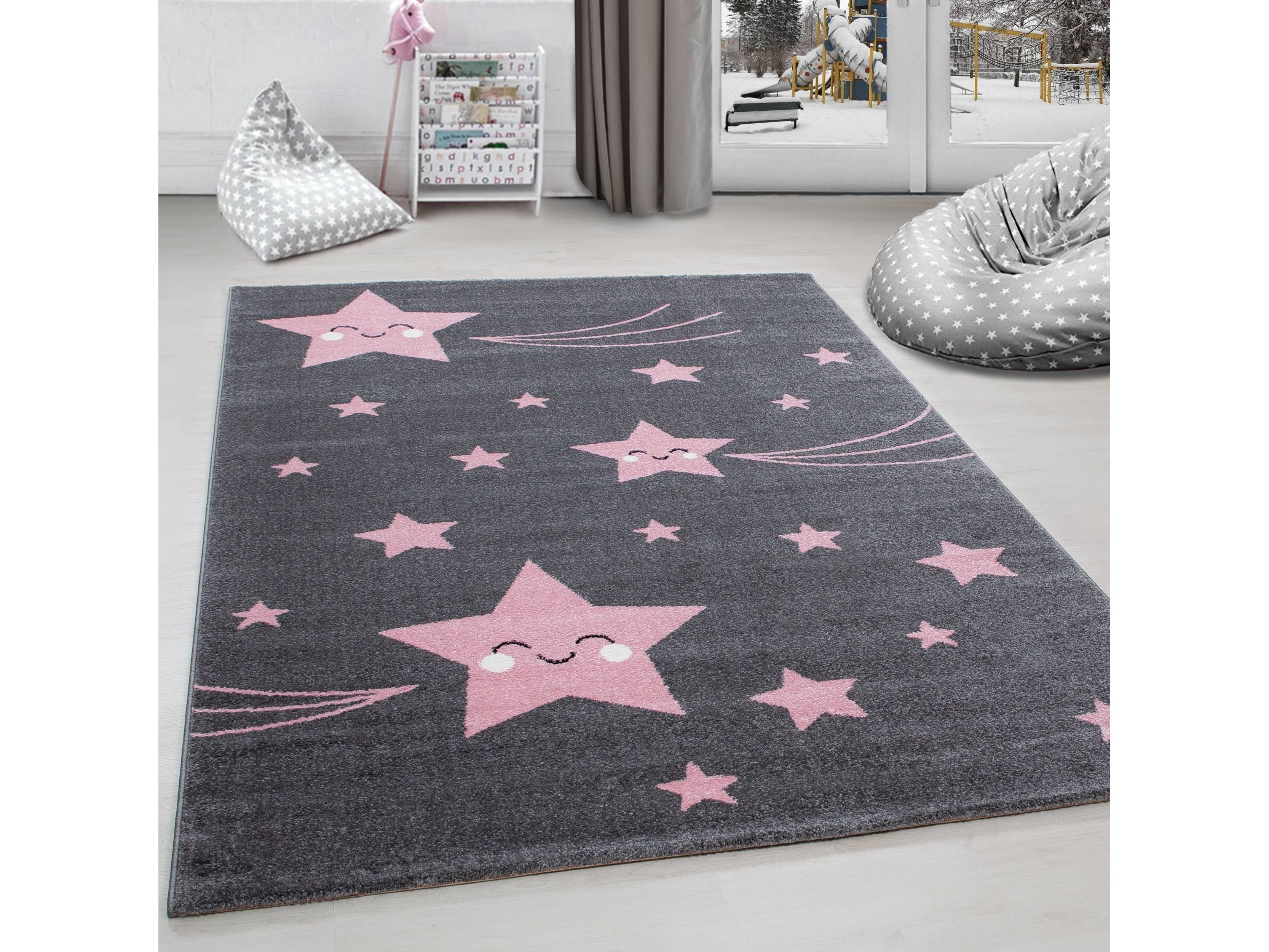 Kinderteppich Kinderzimmer Teppich Sterne Muster Grau-Pink