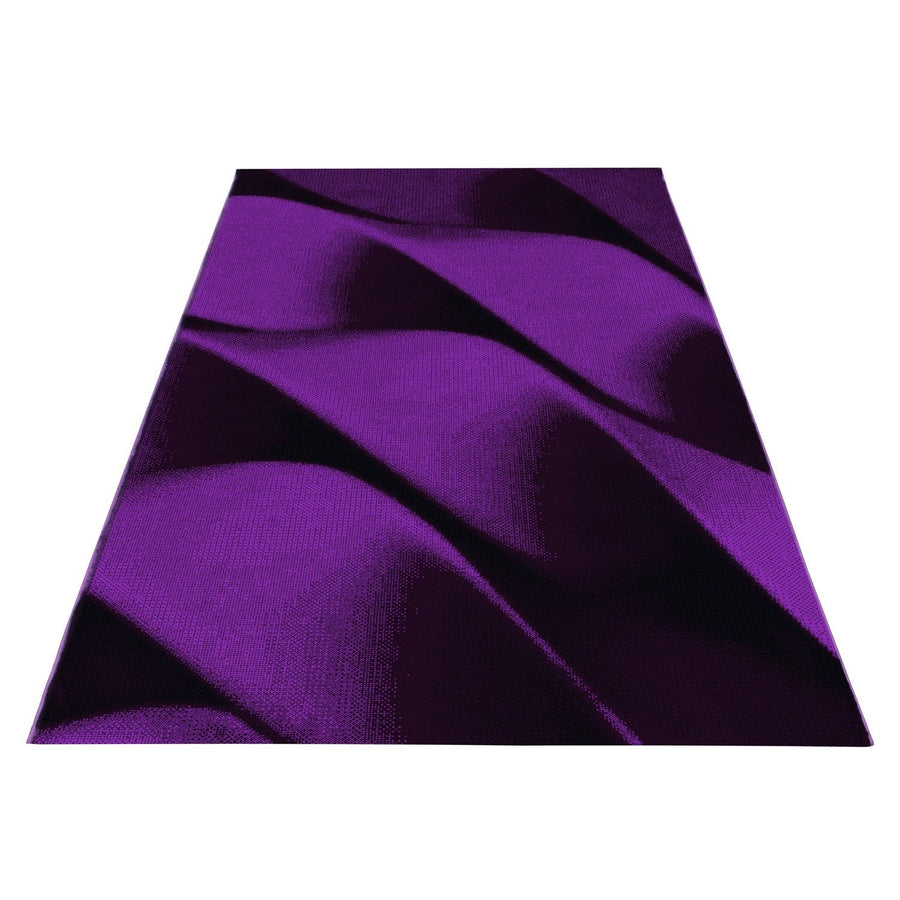 Modern Designer Living Room Rug, Geometric Wave Pattern, Black and Purple