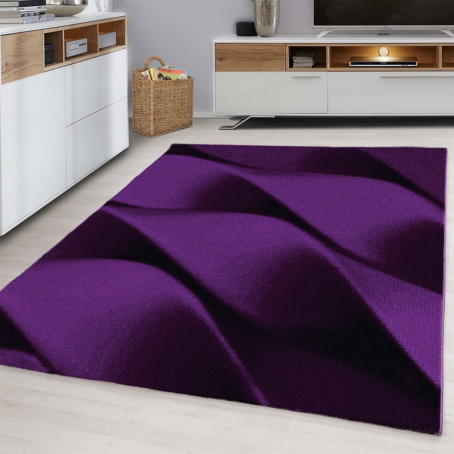 Teppich Modern Designer Wohnzimmer Geometrisch Wellen Muster Schwarz Lila