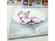 Kinderteppich Baby Teppich Kinderzimmer süßer Rehkitz Motiv Grau Pink Weiß