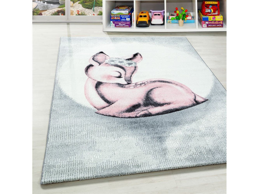 Kinderteppich Baby Teppich Kinderzimmer süßer Rehkitz Motiv Grau Pink Weiß