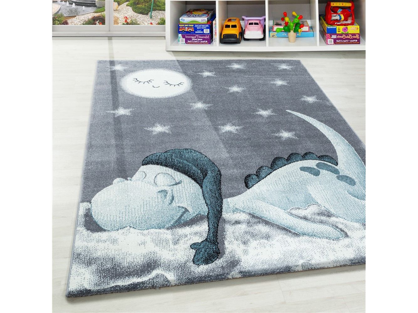 Kinderteppich Baby Teppich Kinderzimmer süßer Dino Motiv Grau Blau Weiß