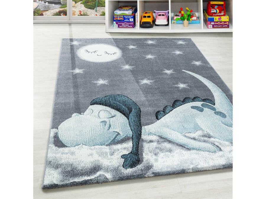 Kinderteppich Baby Teppich Kinderzimmer süßer Dino Motiv Grau Blau Weiß